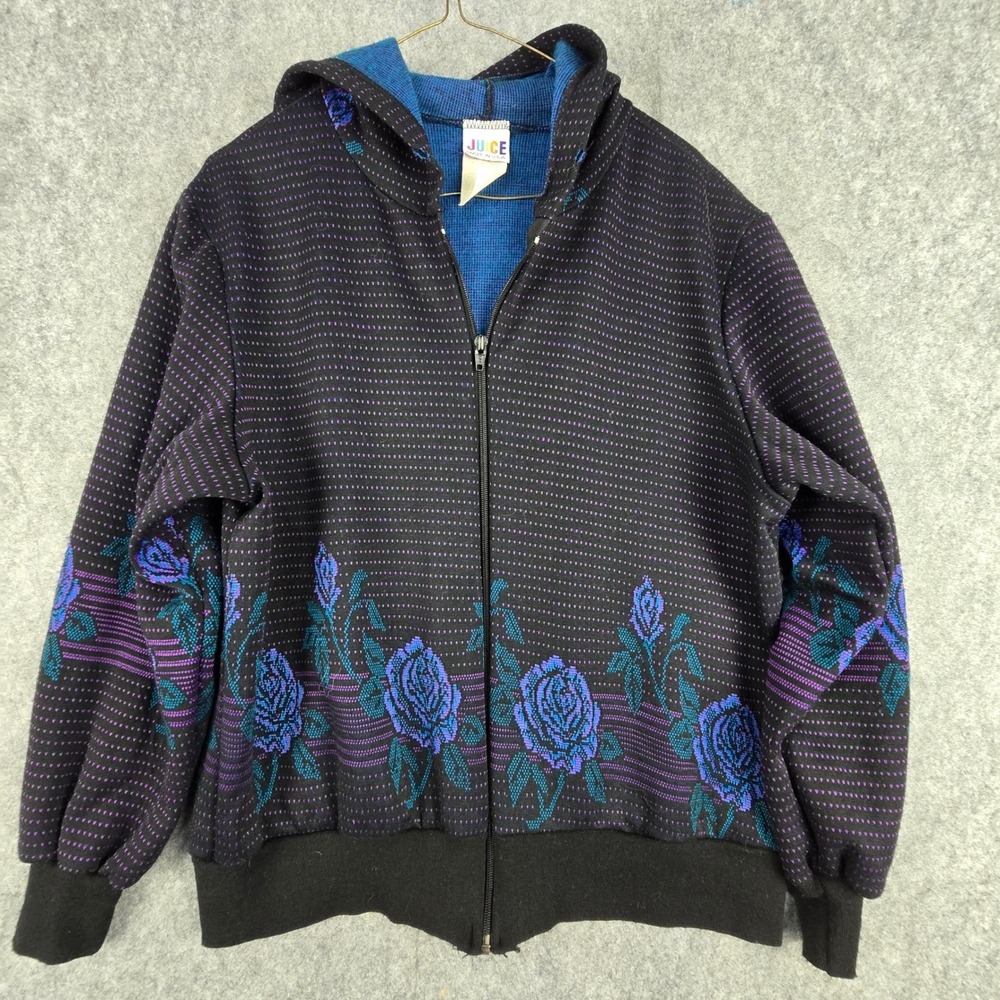 Juice Floral Rose Hoodie Womens M Black Blue Zip Up Vintage 90s Made in USA